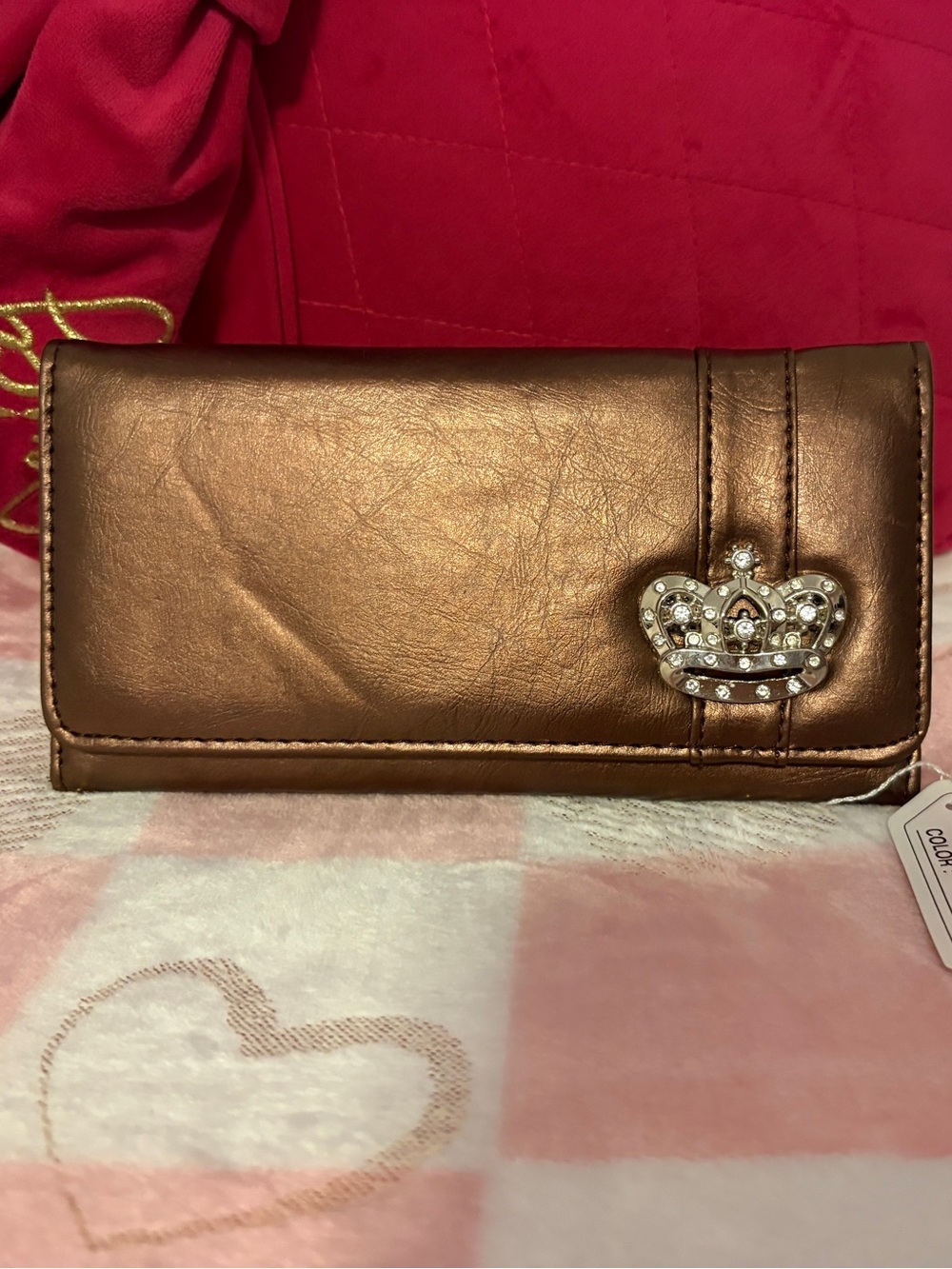 Women's Metallic Bronze Clutch Wallet with Crown Accent